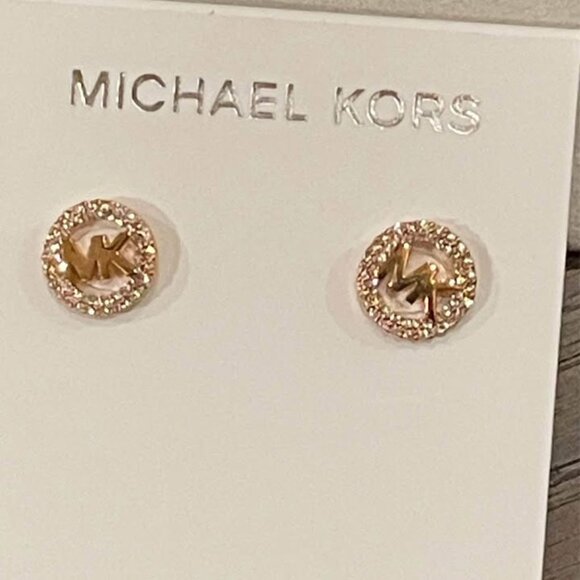 Michael Kors Stud Earrings MK Logo Crystal Pave Round Button - Picture 2 of 3